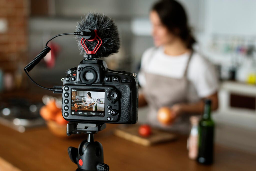 Small business owner recording a cooking video using a camera and microphone for video marketing.