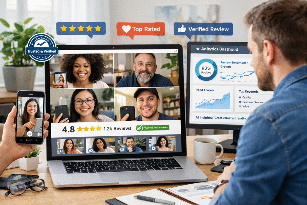 Authentic customer review platform dashboard showing video testimonials, star ratings, verified reviews, and AI-powered marketing analytics with customers recording reviews on smartphones.