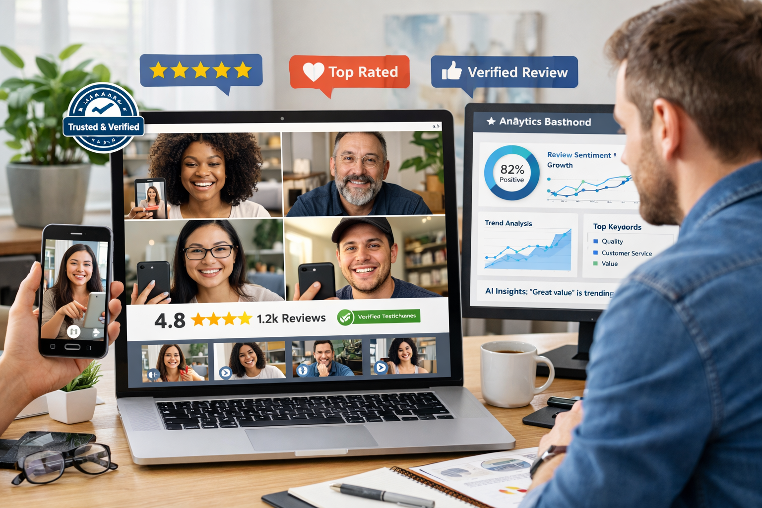 Authentic customer review platform dashboard showing video testimonials, star ratings, verified reviews, and AI-powered marketing analytics with customers recording reviews on smartphones.