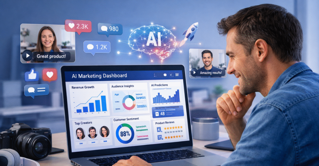 AI-powered marketing analytics dashboard showing customer video reviews, creator marketing tools, and business growth insights